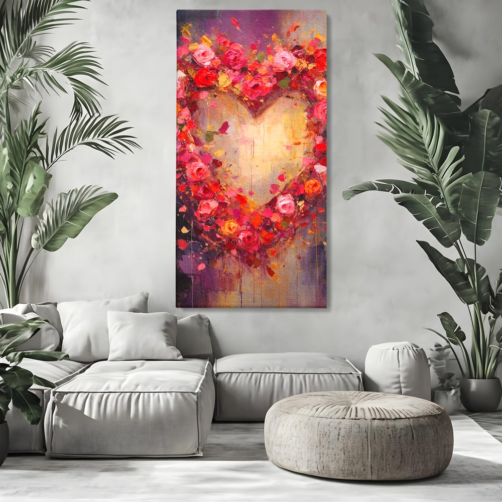 Tablou canvas cu pictura verticala cu inima din trandafiri, fara rama, pe sasiu de lemn, pe perete intr-un living